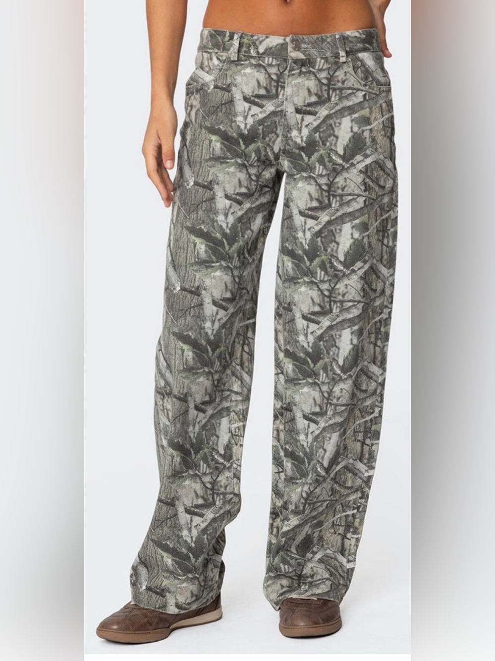 Edikted Camo Print Relaxed Pants - Green Gray Brown